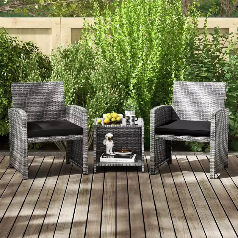 Ensemble de meubles de patio Costway 3 pièces avec table basse en verre trempé et coussins de siège moelleux gris/noir/blanc