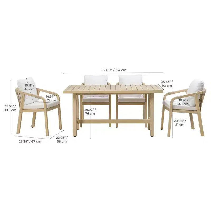 Ensemble de salle à manger d'extérieur en bois 5 pièces avec coussins, bois d'eucalyptus naturel - Teamson Home : Sièges avec coussins épais et grande table à manger