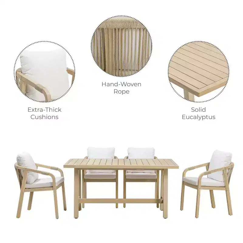 Ensemble de salle à manger d'extérieur en bois 5 pièces avec coussins, bois d'eucalyptus naturel - Teamson Home : Sièges avec coussins épais et grande table à manger