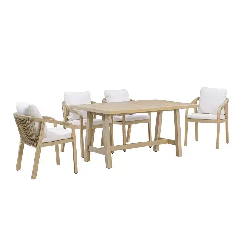 Ensemble de salle à manger d'extérieur en bois 5 pièces avec coussins, bois d'eucalyptus naturel - Teamson Home : Sièges avec coussins épais et grande table à manger