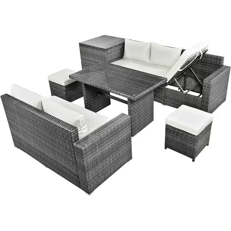 Canapé d'extérieur 6 pièces Whisen en rotin PE avec coffre de rangement et housses amovibles