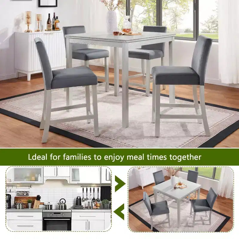 Ensemble de table à hauteur de comptoir 5 pièces avec table carrée et 4 chaises rembourrées, table à manger à hauteur de comptoir avec décoration en cristal et ensemble de chaises