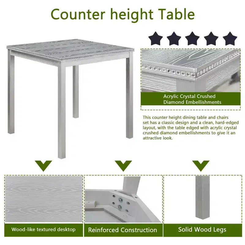 Ensemble de table à hauteur de comptoir 5 pièces avec table carrée et 4 chaises rembourrées, table à manger à hauteur de comptoir avec décoration en cristal et ensemble de chaises