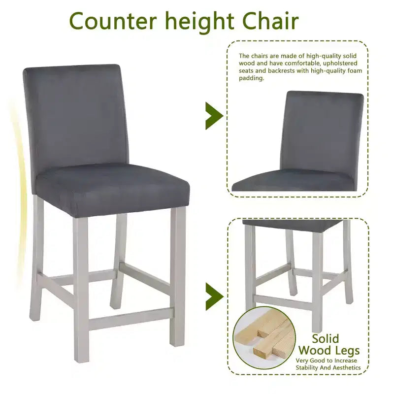 Ensemble de table à hauteur de comptoir 5 pièces avec table carrée et 4 chaises rembourrées, table à manger à hauteur de comptoir avec décoration en cristal et ensemble de chaises