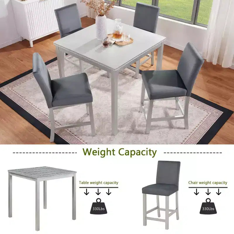 Ensemble de table à hauteur de comptoir 5 pièces avec table carrée et 4 chaises rembourrées, table à manger à hauteur de comptoir avec décoration en cristal et ensemble de chaises