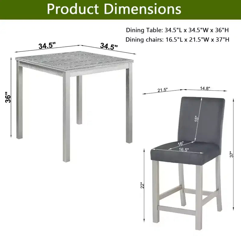 Ensemble de table à hauteur de comptoir 5 pièces avec table carrée et 4 chaises rembourrées, table à manger à hauteur de comptoir avec décoration en cristal et ensemble de chaises
