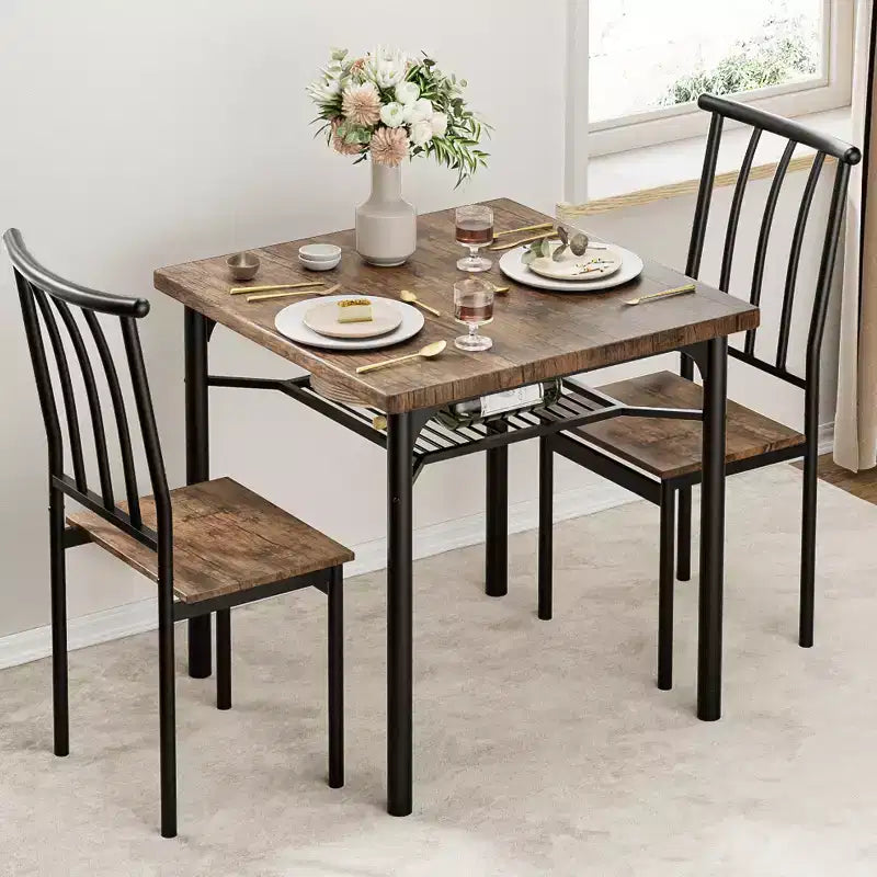 Ensemble de 5 pièces de table de salle à manger pour 4 avec étagère de rangement, ensemble de table de salle à manger rectangulaire en métal et bois pour cuisine, salle à manger, coin repas, marron rustique