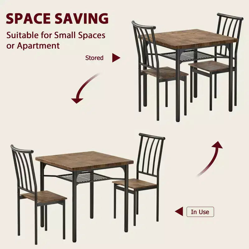 Ensemble de 5 pièces de table de salle à manger pour 4 avec étagère de rangement, ensemble de table de salle à manger rectangulaire en métal et bois pour cuisine, salle à manger, coin repas, marron rustique