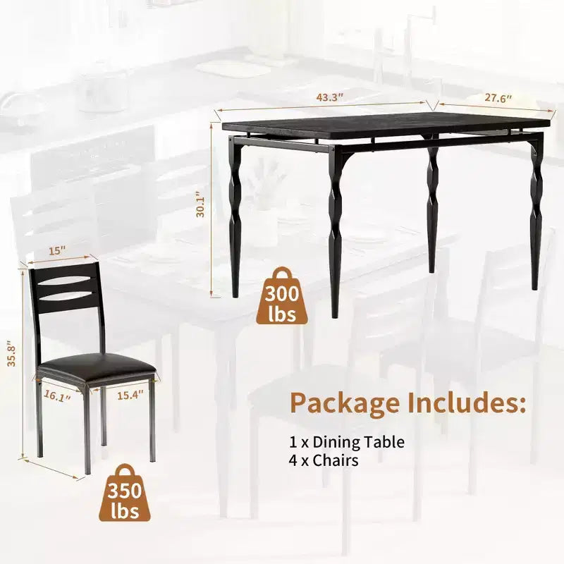 Ensemble de salle à manger 5 pièces, table et chaises de salle à manger de style industriel pour 4 personnes