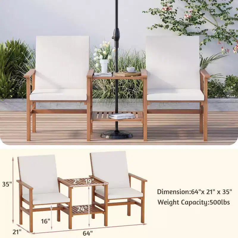 Causeuse en bois d'acacia EROMMY avec table, ensemble de mobilier de terrasse 3 pièces, causeuse de patio extérieure avec table basse