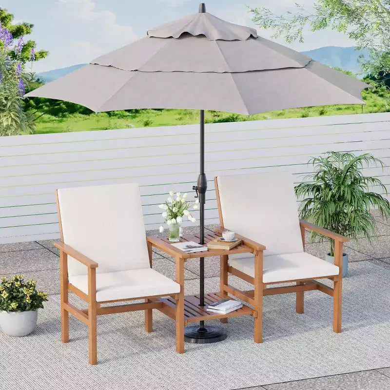 Causeuse en bois d'acacia EROMMY avec table, ensemble de mobilier de terrasse 3 pièces, causeuse de patio extérieure avec table basse