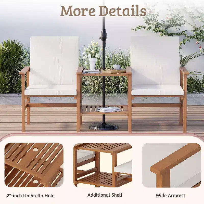 Causeuse en bois d'acacia EROMMY avec table, ensemble de mobilier de terrasse 3 pièces, causeuse de patio extérieure avec table basse