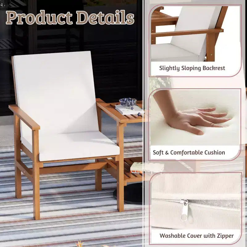 Causeuse en bois d'acacia EROMMY avec table, ensemble de mobilier de terrasse 3 pièces, causeuse de patio extérieure avec table basse