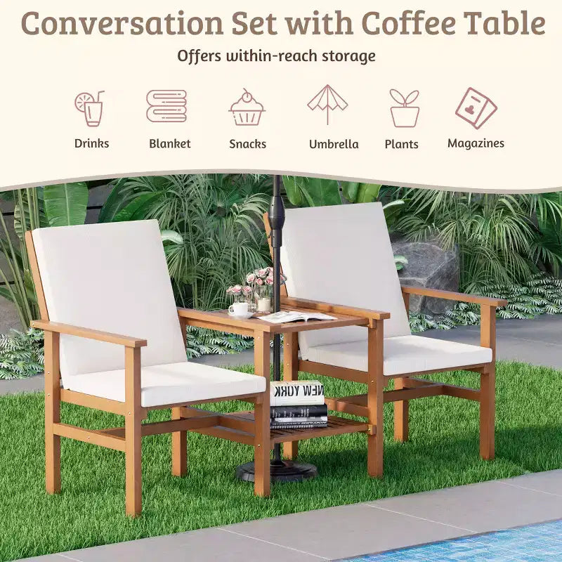 Causeuse en bois d'acacia EROMMY avec table, ensemble de mobilier de terrasse 3 pièces, causeuse de patio extérieure avec table basse