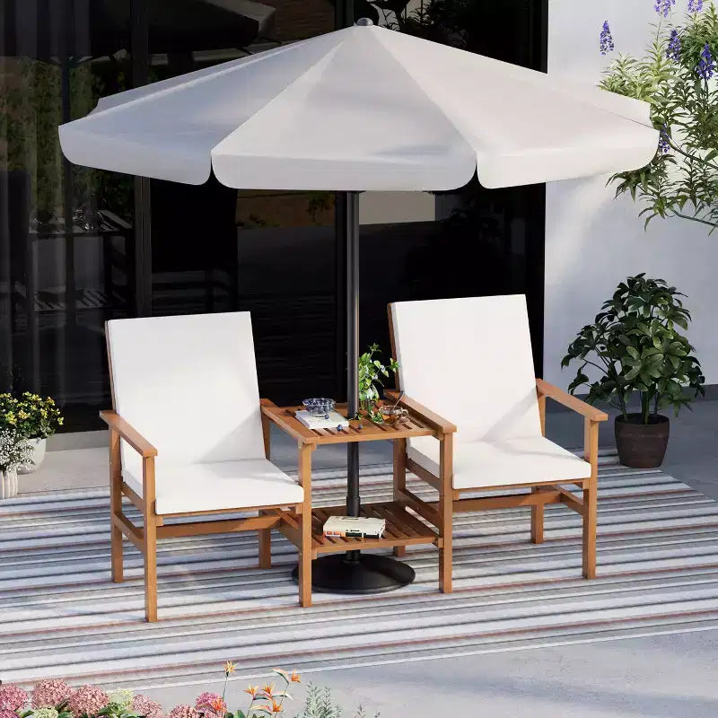 Causeuse en bois d'acacia EROMMY avec table, ensemble de mobilier de terrasse 3 pièces, causeuse de patio extérieure avec table basse