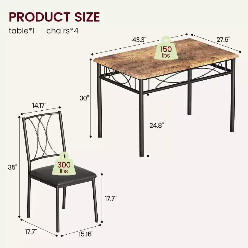 Ensemble Table et Chaises de Salle à Manger pour 4 Personnes, Table à Manger Rectangulaire avec 4 Chaises Rembourrées pour Petits Espaces, Appartement, Petit Déjeuner