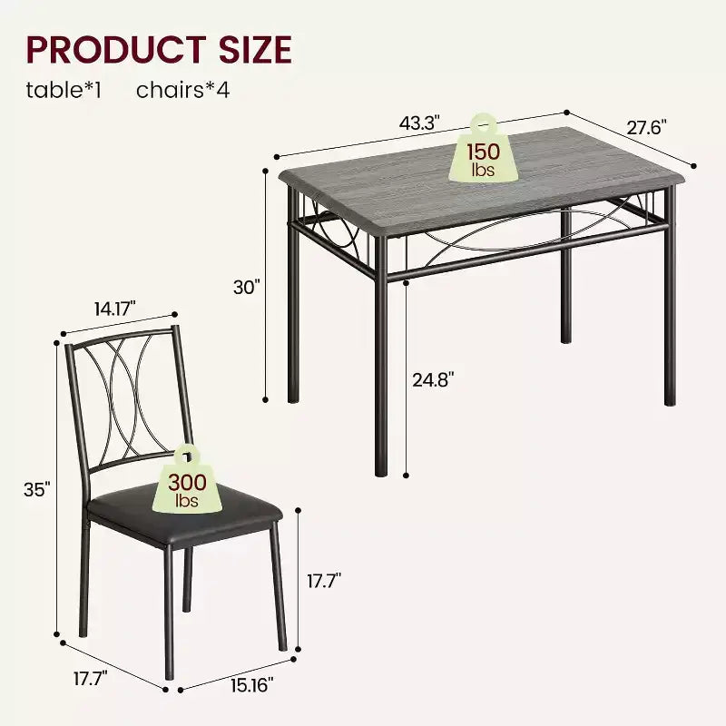 Ensemble Table et Chaises de Salle à Manger pour 4 Personnes, Table à Manger Rectangulaire avec 4 Chaises Rembourrées pour Petits Espaces, Appartement, Petit Déjeuner
