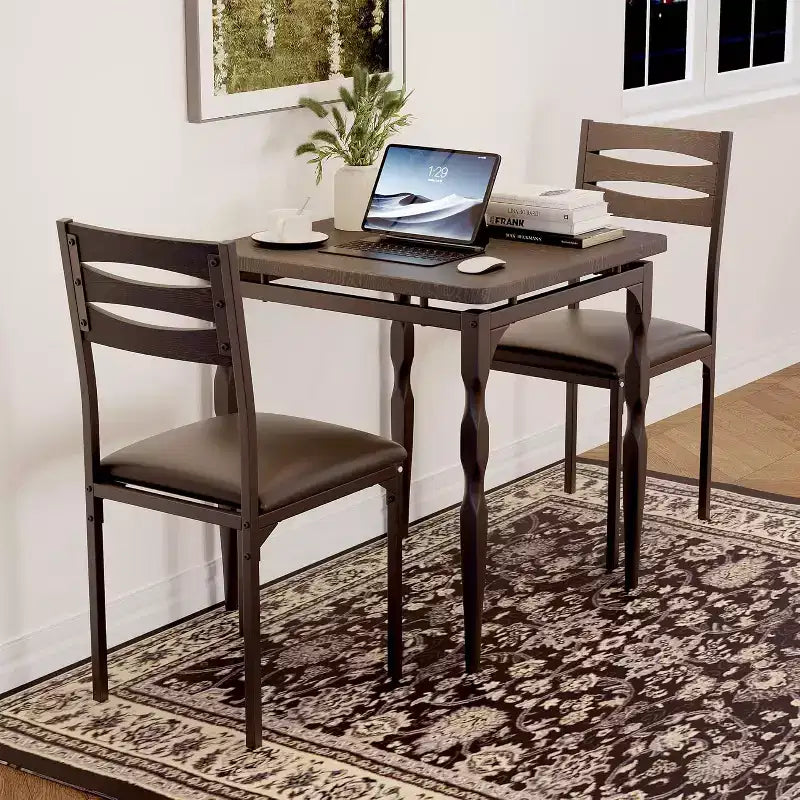 Ensemble table à manger 3 pièces avec pieds en métal en spirale, ensemble compact table et 2 chaises pour petits espaces, ensemble de salle à manger industriel rustique, marron