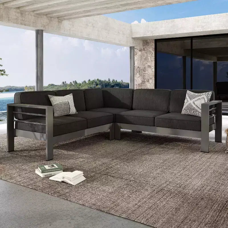 Christopher Knight Home Beatrice Patio Modem V-Shaped Aluminum 5-Seater Sectional Sofa Set with Thick Cushions