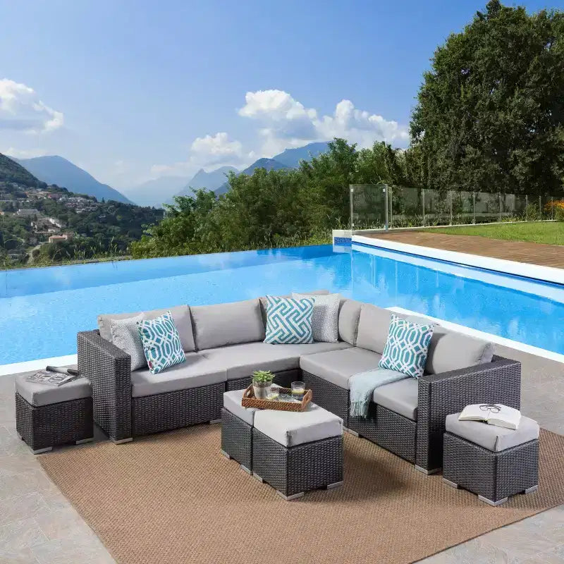 Christopher Knight Home Santa Rosa Ensemble de canapé sectionnel d'extérieur 9 pièces en osier en V et aluminium avec coussins
