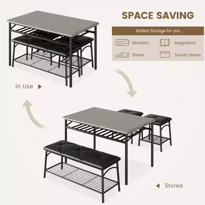 Ensemble de 4 pièces rectangulaire pour cuisine, avec 1 banc rembourré et 2 tabourets carrés