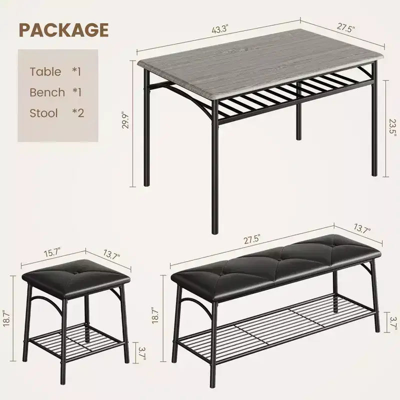 Ensemble de 4 pièces rectangulaire pour cuisine, avec 1 banc rembourré et 2 tabourets carrés