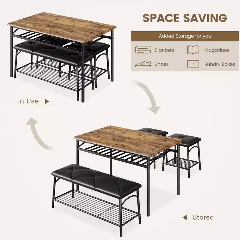 Ensemble de 4 pièces rectangulaire pour cuisine, avec 1 banc rembourré et 2 tabourets carrés