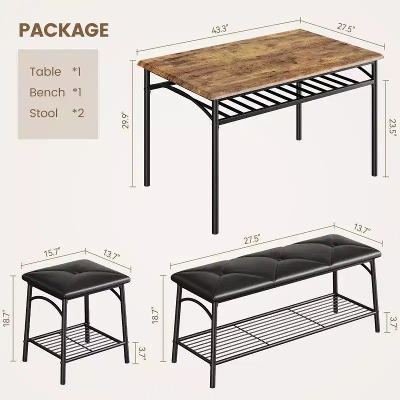 Ensemble de 4 pièces rectangulaire pour cuisine, avec 1 banc rembourré et 2 tabourets carrés