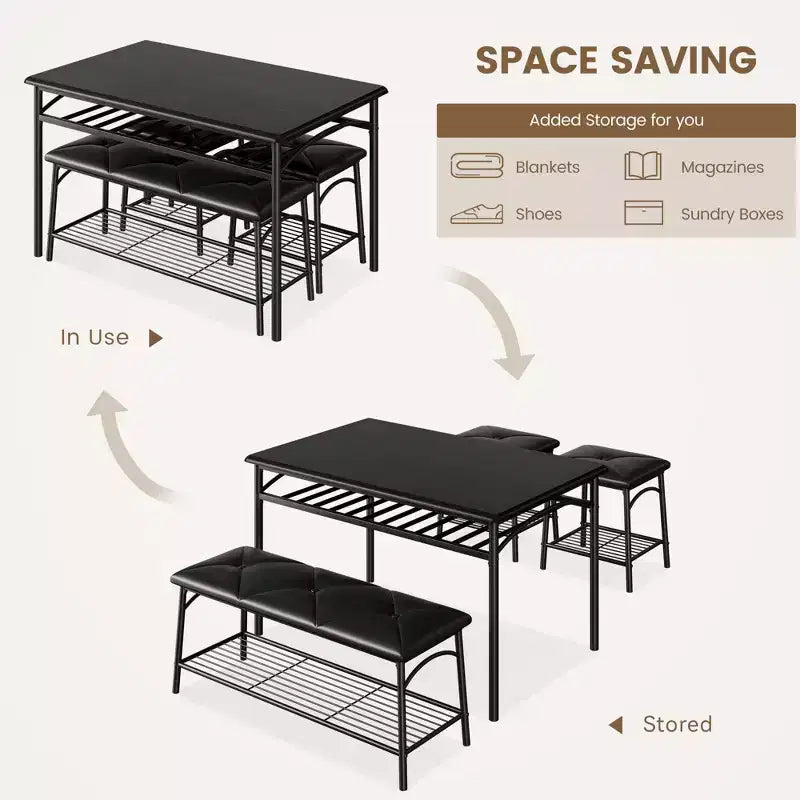 Ensemble de 4 pièces rectangulaire pour cuisine, avec 1 banc rembourré et 2 tabourets carrés