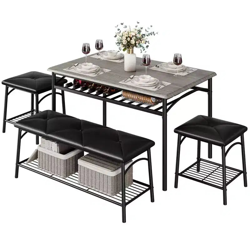 Ensemble de 4 pièces rectangulaire pour cuisine, avec 1 banc rembourré et 2 tabourets carrés