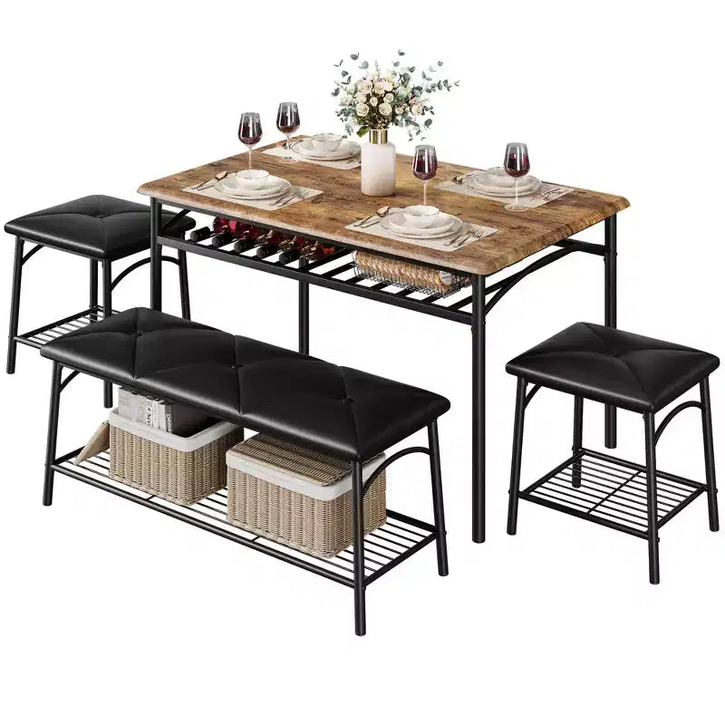 Ensemble de 4 pièces rectangulaire pour cuisine, avec 1 banc rembourré et 2 tabourets carrés
