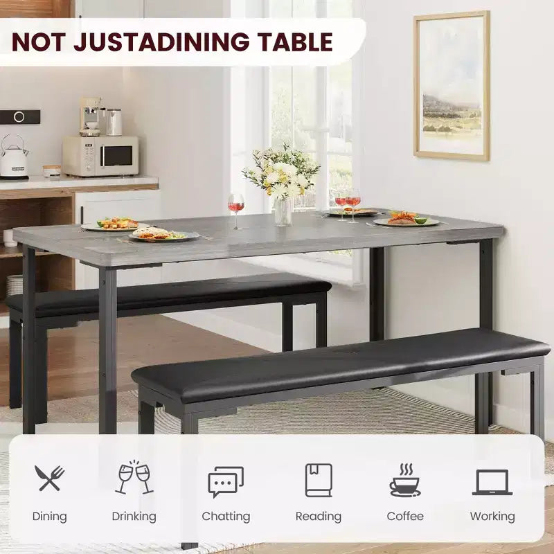 Ensemble table de salle à manger de 109 cm pour 4 personnes, ensemble table de cuisine rectangulaire avec 2 bancs rembourrés, mobilier de cuisine et de salle à manger 3 pièces peu encombrant