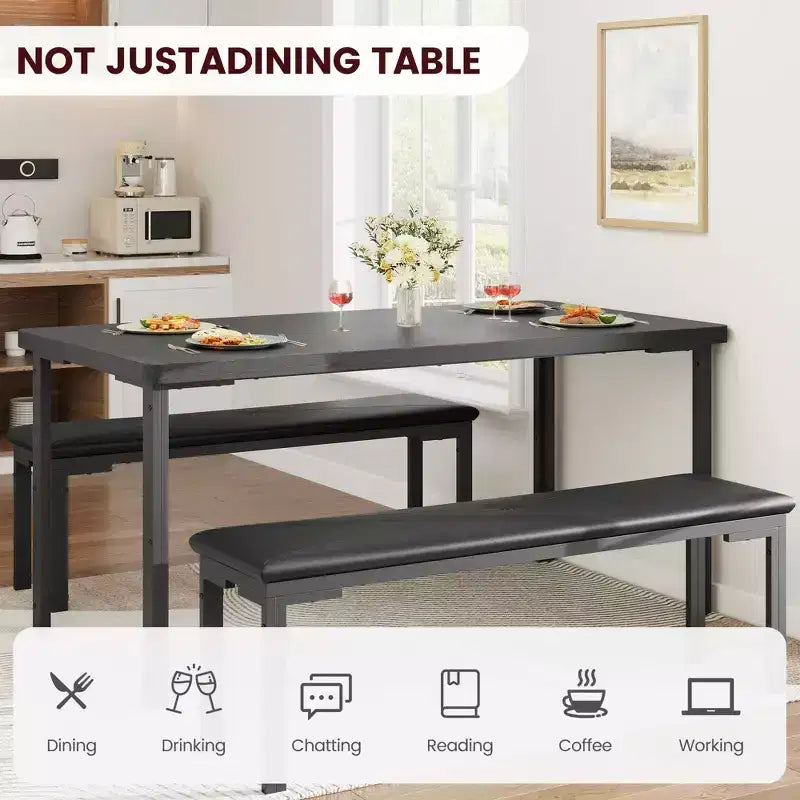 Ensemble table de salle à manger de 109 cm pour 4 personnes, ensemble table de cuisine rectangulaire avec 2 bancs rembourrés, mobilier de cuisine et de salle à manger 3 pièces peu encombrant