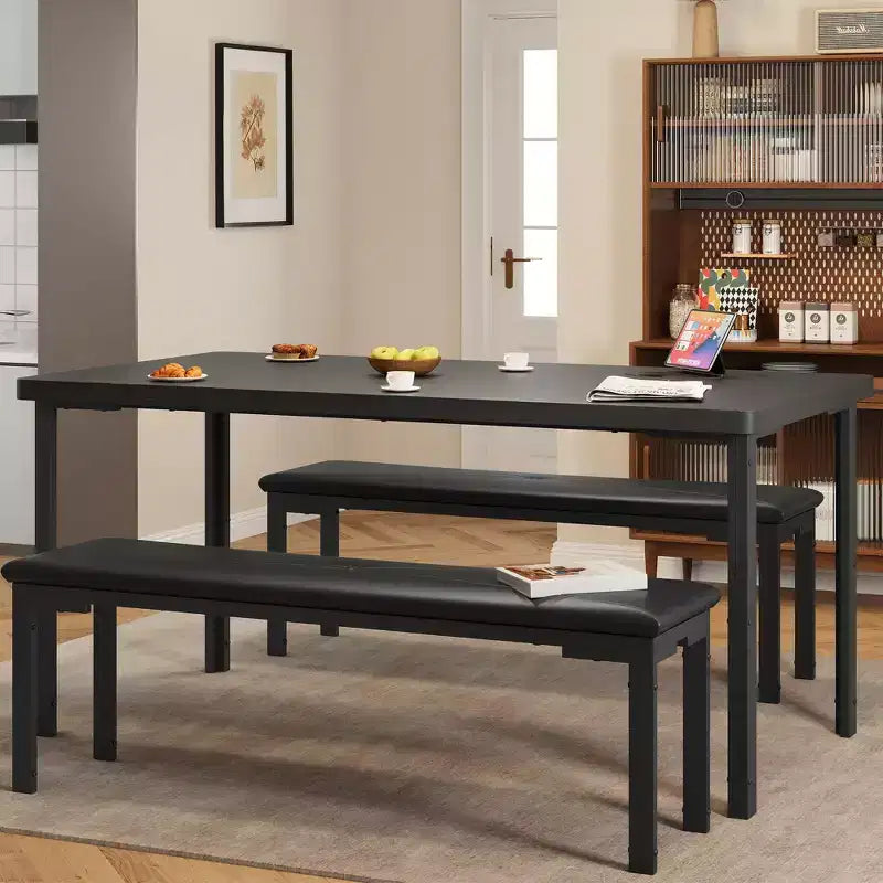43'' Long Dining Table Set for 4, Rectangle Kitchen Table Set with 2 Upholstered Benches, 3-Piece Space-Saving Kitchen and Dining Room Furniture