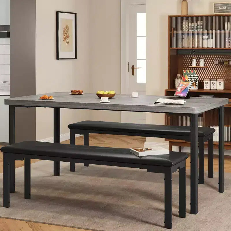 Ensemble table de salle à manger de 109 cm pour 4 personnes, ensemble table de cuisine rectangulaire avec 2 bancs rembourrés, mobilier de cuisine et de salle à manger 3 pièces peu encombrant