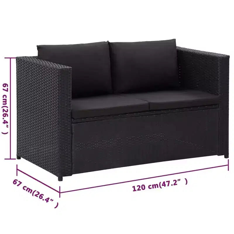 vidaXL - Salon de jardin 3 places en résine tressée avec coussins, noir - Résistant aux intempéries, cadre en acier robuste et facile à nettoyer