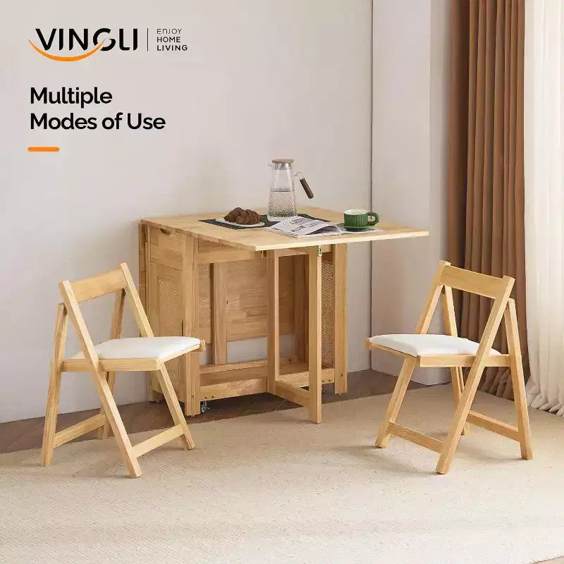 Ensemble de table à manger pliante VINGLI, table en bois massif extensible à abattants avec 4 chaises, tiroirs et roulettes, gain de place pour la cuisine