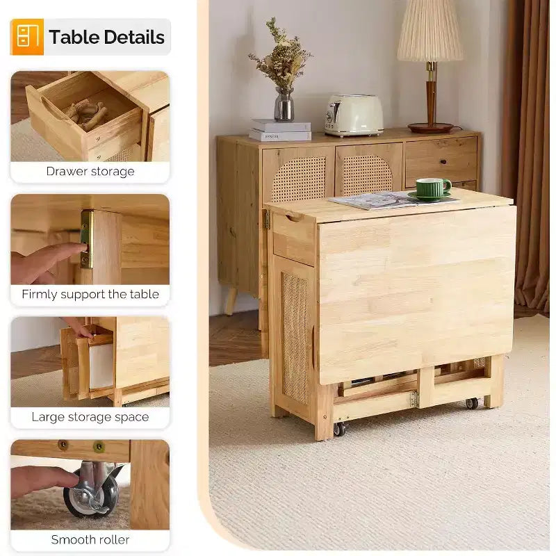 Ensemble de table à manger pliante VINGLI, table en bois massif extensible à abattants avec 4 chaises, tiroirs et roulettes, gain de place pour la cuisine