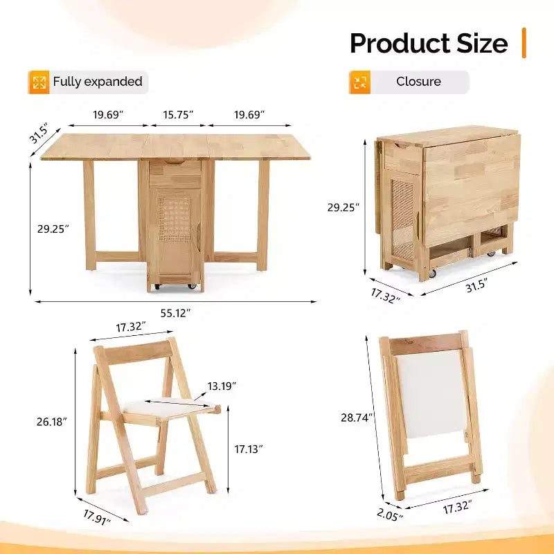 Ensemble de table à manger pliante VINGLI, table en bois massif extensible à abattants avec 4 chaises, tiroirs et roulettes, gain de place pour la cuisine