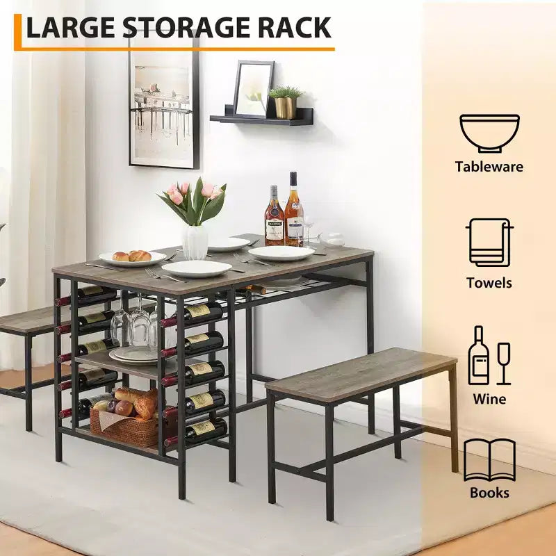 Ensemble table et chaises de salle à manger CuisinSmart pour 4 personnes, table de cuisine avec 2 bancs, ensemble de salle à manger avec porte-bouteilles, marron, noir, gris