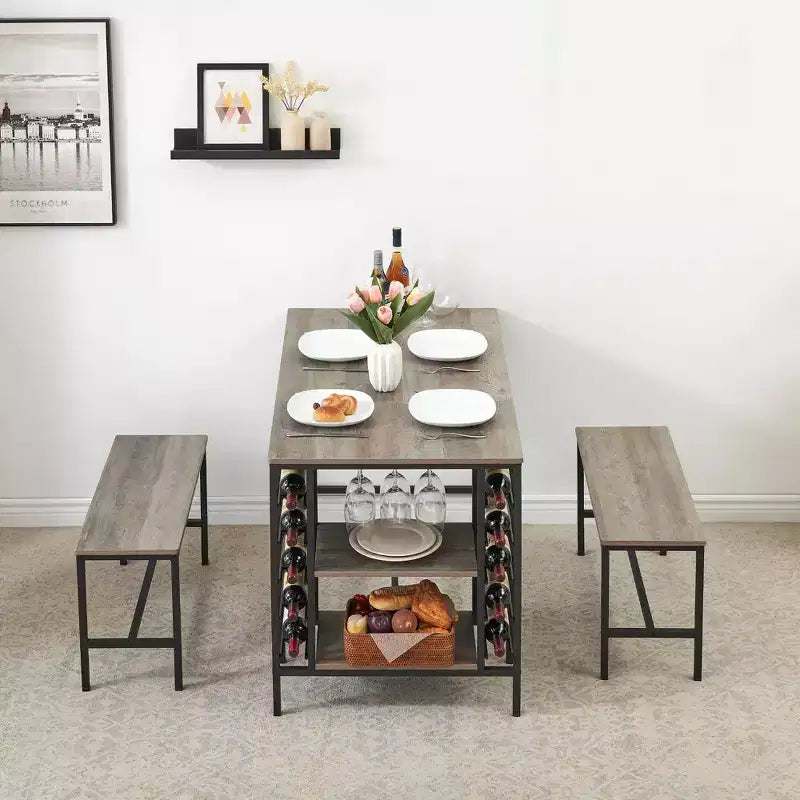 Ensemble table et chaises de salle à manger CuisinSmart pour 4 personnes, table de cuisine avec 2 bancs, ensemble de salle à manger avec porte-bouteilles, marron, noir, gris