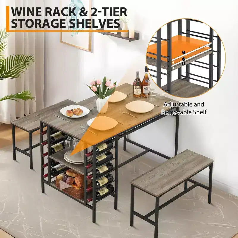 Ensemble table et chaises de salle à manger CuisinSmart pour 4 personnes, table de cuisine avec 2 bancs, ensemble de salle à manger avec porte-bouteilles, marron, noir, gris