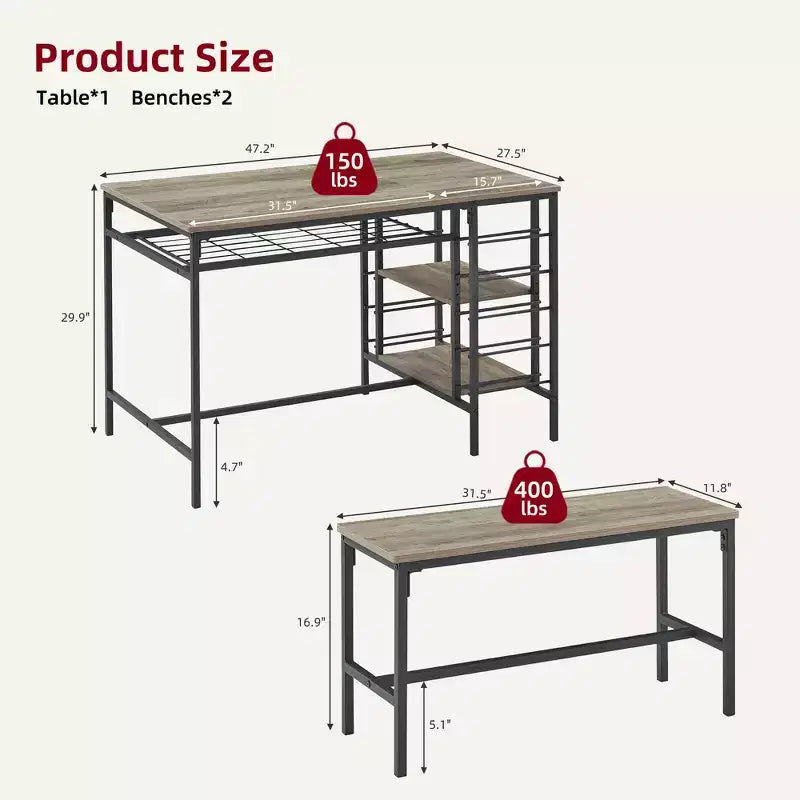 Ensemble table et chaises de salle à manger CuisinSmart pour 4 personnes, table de cuisine avec 2 bancs, ensemble de salle à manger avec porte-bouteilles, marron, noir, gris