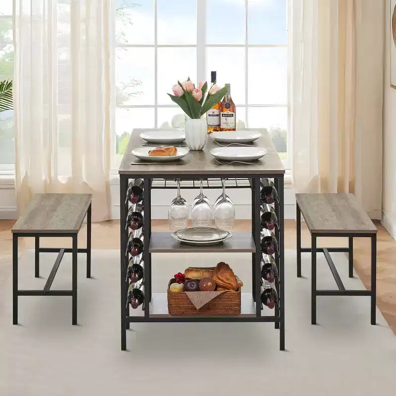 Ensemble table et chaises de salle à manger CuisinSmart pour 4 personnes, table de cuisine avec 2 bancs, ensemble de salle à manger avec porte-bouteilles, marron, noir, gris