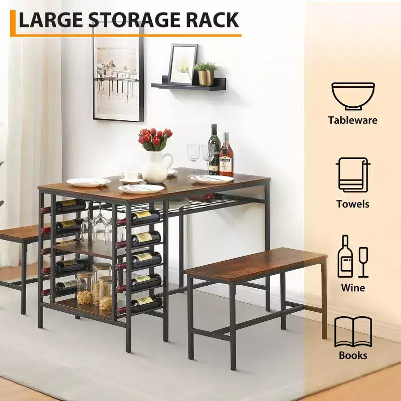 Ensemble table et chaises de salle à manger CuisinSmart pour 4 personnes, table de cuisine avec 2 bancs, ensemble de salle à manger avec porte-bouteilles, marron, noir, gris