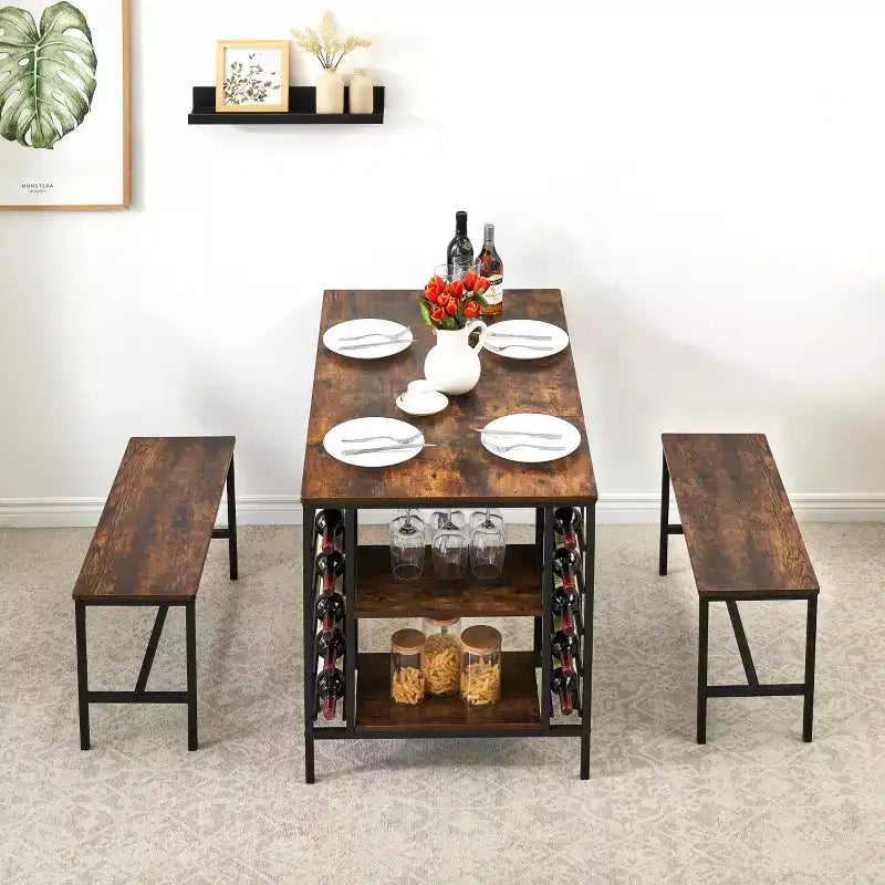 Ensemble table et chaises de salle à manger CuisinSmart pour 4 personnes, table de cuisine avec 2 bancs, ensemble de salle à manger avec porte-bouteilles, marron, noir, gris