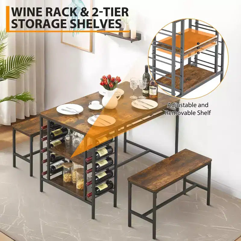Ensemble table et chaises de salle à manger CuisinSmart pour 4 personnes, table de cuisine avec 2 bancs, ensemble de salle à manger avec porte-bouteilles, marron, noir, gris