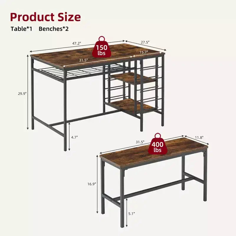 Ensemble table et chaises de salle à manger CuisinSmart pour 4 personnes, table de cuisine avec 2 bancs, ensemble de salle à manger avec porte-bouteilles, marron, noir, gris