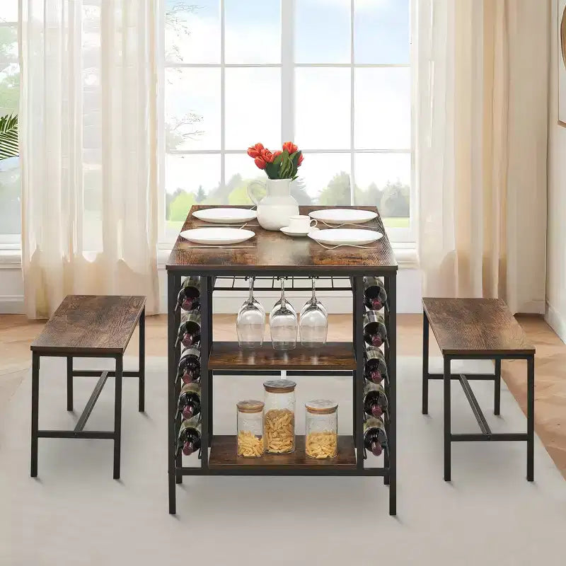 Ensemble table et chaises de salle à manger CuisinSmart pour 4 personnes, table de cuisine avec 2 bancs, ensemble de salle à manger avec porte-bouteilles, marron, noir, gris