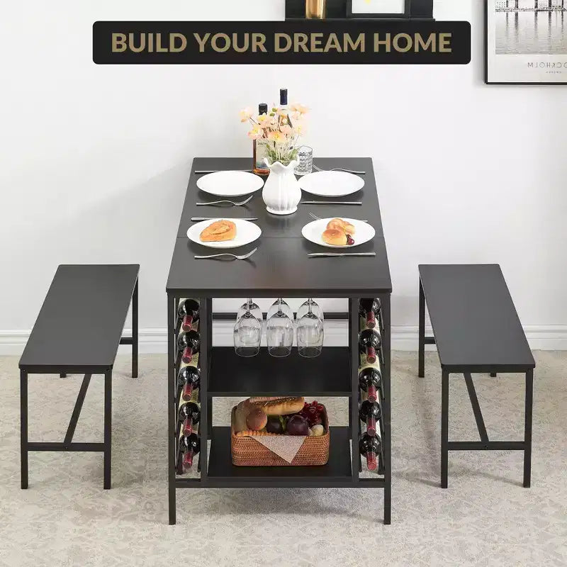 Ensemble table et chaises de salle à manger CuisinSmart pour 4 personnes, table de cuisine avec 2 bancs, ensemble de salle à manger avec porte-bouteilles, marron, noir, gris